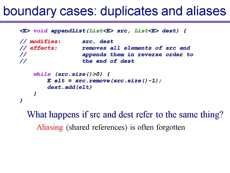 boundary cases: duplicates and aliases <E> void appendList(List<E> src, List<E> dest) { // modifies: